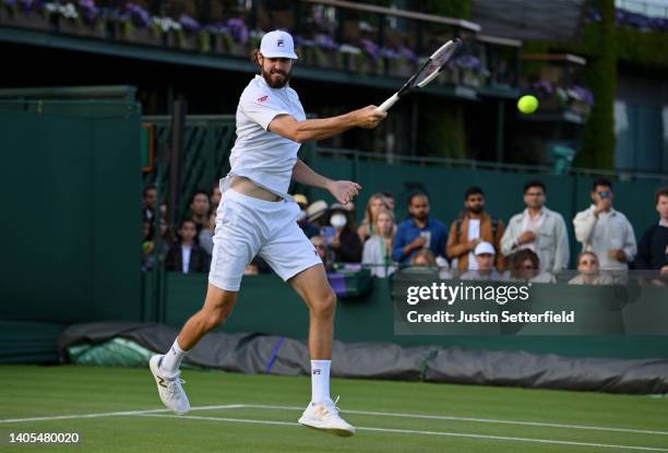 Reilly Opelka of The United States plays a forehand against Carlos Taberner of Spain during the Men's Singles First Round match during Day One of The...