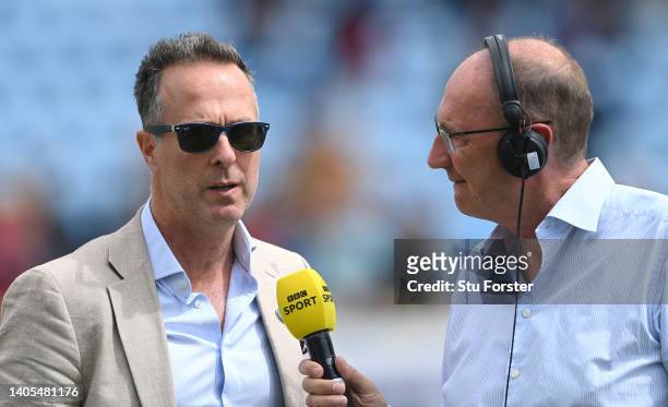 Radio commentator Jonathan Agnew speaks with Michael Vaughan after day five of the third Test Match between England and New Zealand at Headingley on...