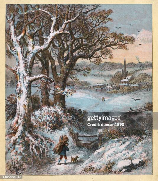 victorian english winter landscape, countryside covered in snow, man collecting firewood, 19th century - lithograph stock illustrations