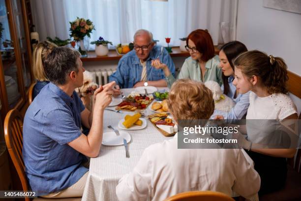 multigeneration family having dinner and chatting casually - thanksgiving pets stock pictures, royalty-free photos & images