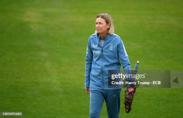 Lisa Keightley, Head Coach of England looks on ahead of Day One of the First Test Match between England Women and South Africa Women at The Cooper...