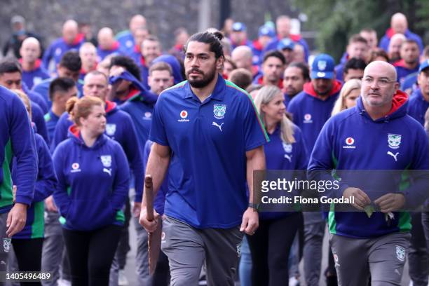 New Zealand Warriors captain Tohu Harris and CEO Cameron George lead the team as they are welcomed with a powhiri at Mt Smart Stadium on June 28,...