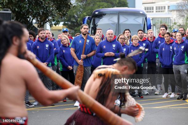 New Zealand Warriors captain Tohu Harris and CEO Cameron George lead the team as they are welcomed with a powhiri at Mt Smart Stadium on June 28,...