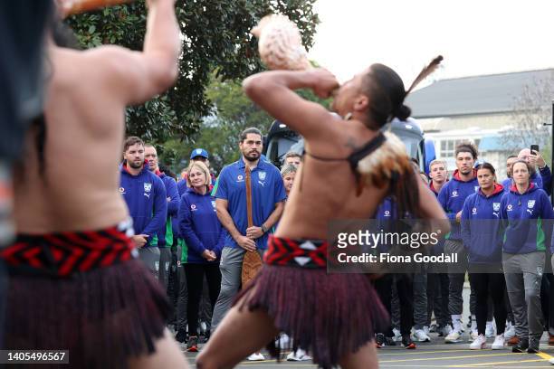 New Zealand Warriors captain Tohu Harris and CEO Cameron George lead the team as they are welcomed with a powhiri at Mt Smart Stadium on June 28,...