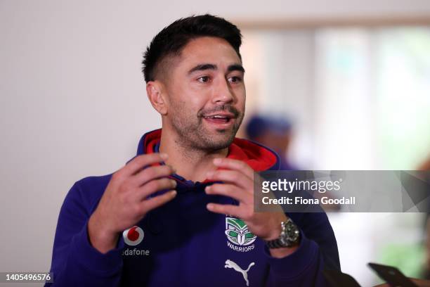New Zealand Warrior Shaun Johnson speaks to media as the Warriors return home to MT Smart Stadium to play the remaining home NRL 2022 season in front...