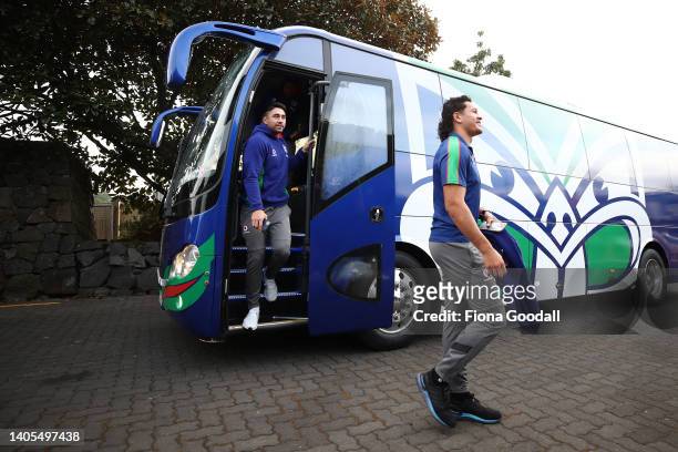 New Zealand Warriors player Shaun Johnson arrives as the team are welcomed with a powhiri at Mt Smart Stadium on June 28, 2022 in Auckland, New...