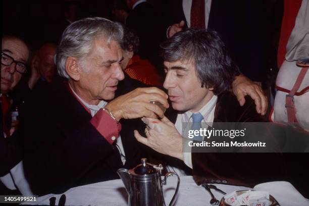 Composer Leonard Bernstein and theater director Gordon Davidson attend the opening night party for "Zoot Suit" in New York City on March 25, 1979.