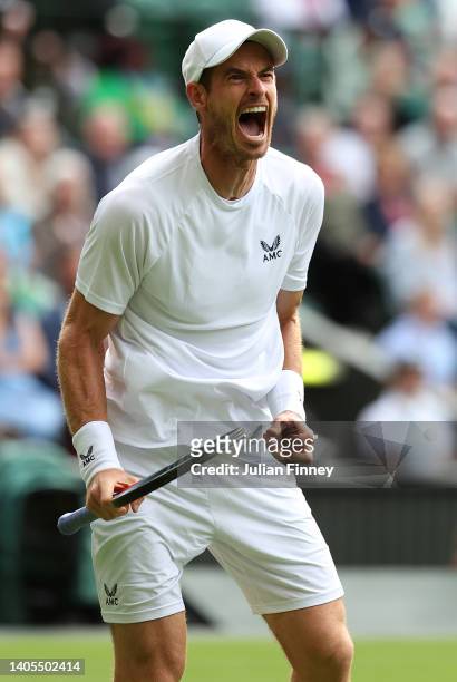 Andy Murray of Great Britain reacts in his match against James Duckworth of Australia during Men's Singles First Round match during Day One of The...