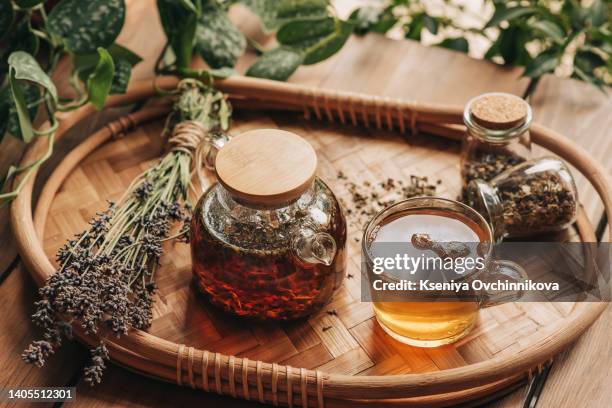 tea with lavender flowers. green tea. tea with lavender. tea in a glass teapot. - tisana foto e immagini stock