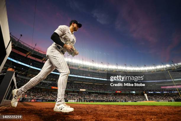 Joey Gallo of the New York Yankees enters the filed for the top of the fifth inning against the Oakland Athletics at Yankee Stadium on June 27, 2022...