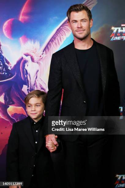 Chris Hemsworth and his son attend the Sydney premiere of Thor: Love And Thunder at Hoyts Entertainment Quarter on June 27, 2022 in Sydney, Australia.