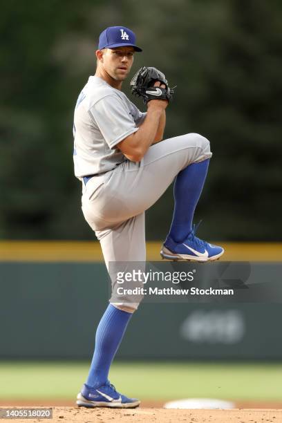 Starting pitcher Tyler Anderson of the Los Angeles Dodgers throws against the Colorado Rockies in the first inning at Coors Field on June 27, 2022 in...