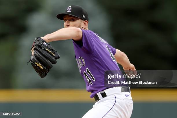 Starting pitcher Chad Kuhl of the Colorado Rockies throws against the Los Angeles Dodgers in the first inning at Coors Field on June 27, 2022 in...