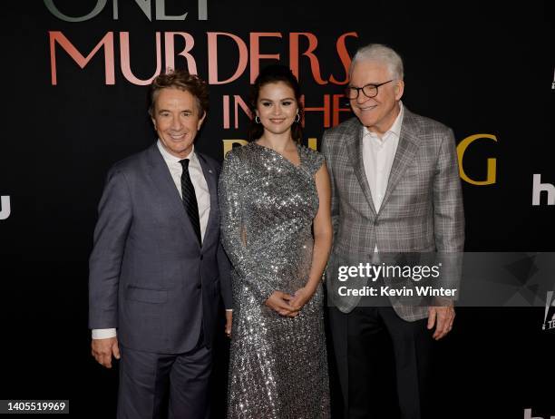 Martin Short, Selena Gomez and Steve Martin attends the Los Angeles premiere of "Only Murders In The Building" Season 2 at DGA Theater Complex on...