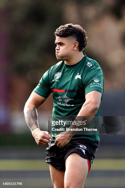 Latrell Mitchell of the Rabbitohs warms up during a South Sydney Rabbitohs NRL training session at Redfern Oval on June 28, 2022 in Sydney, Australia.