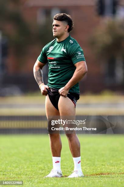 Latrell Mitchell of the Rabbitohs looks on during a South Sydney Rabbitohs NRL training session at Redfern Oval on June 28, 2022 in Sydney, Australia.