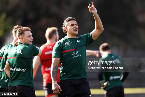 Latrell Mitchell of the Rabbitohs gestures during a South Sydney Rabbitohs NRL training session at Redfern Oval on June 28, 2022 in Sydney, Australia.