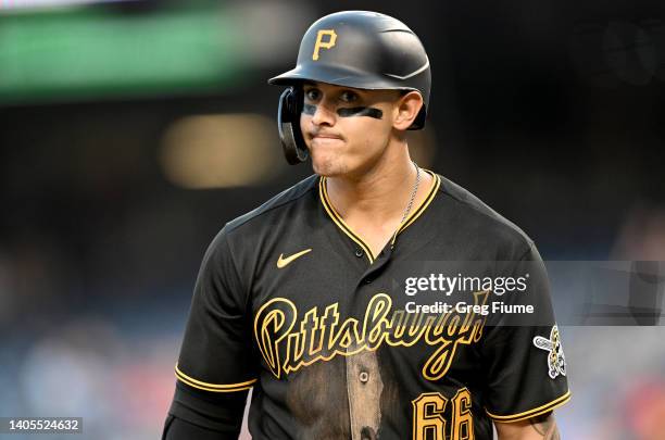 Bligh Madris of the Pittsburgh Pirates reacts after striking out in the fourth inning against the Washington Nationals at Nationals Park on June 27,...