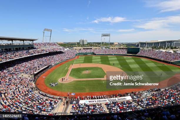 The Ole Miss Rebels take on the Oklahoma Sooners during the Division I Men's Baseball Championship held at Charles Schwab Field Omaha on June 25,...