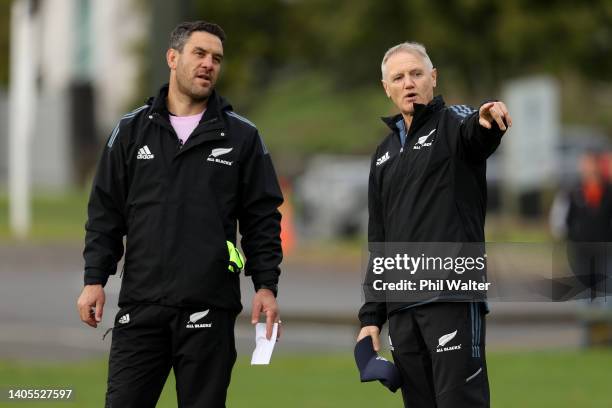 All Black assistant coaches David Hill and Joe Schmidt (Rduring a New Zealand All Blacks Training Session at Grammar TEC Rugby Club on June 28, 2022...