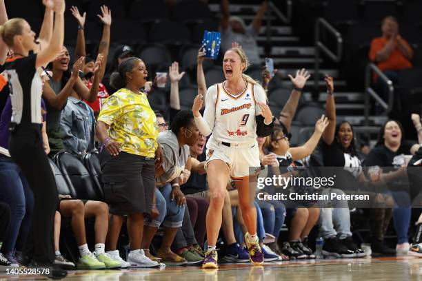 Sophie Cunningham of the Phoenix Mercury reacts after a three-point shot against the Indiana Fever during the first half of the WNBA game at...