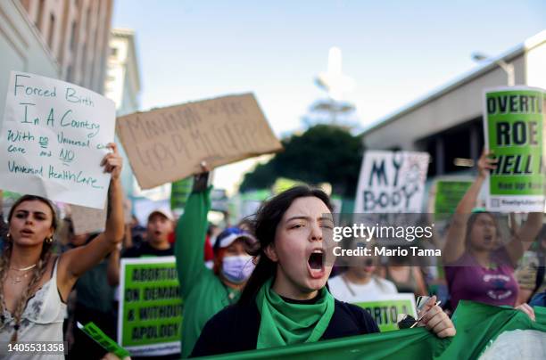 Abortion rights supporters march while protesting against the recent U.S. Supreme Court decision to end federal abortion rights protections on June...