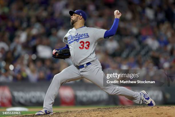 Pitcher David Price of the Los Angeles Dodgers throws against the Colorado Rockies in the seventh inning at Coors Field on June 27, 2022 in Denver,...