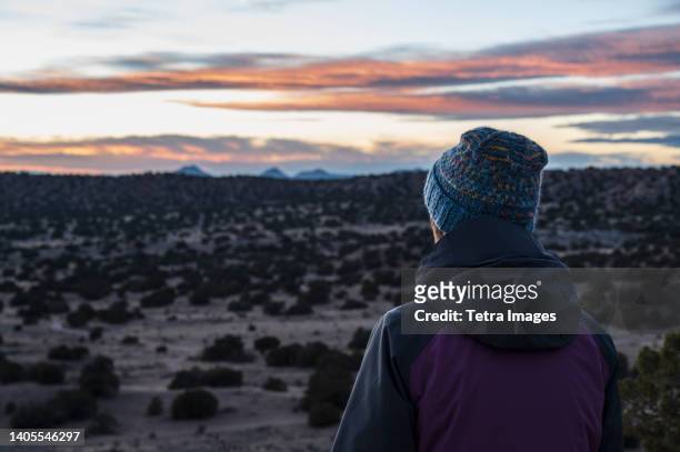 usa, new mexico, lamy, rear view of woman in desert landscape at sunset in galisteo basin preserve - lamy new mexico stock pictures, royalty-free photos & images