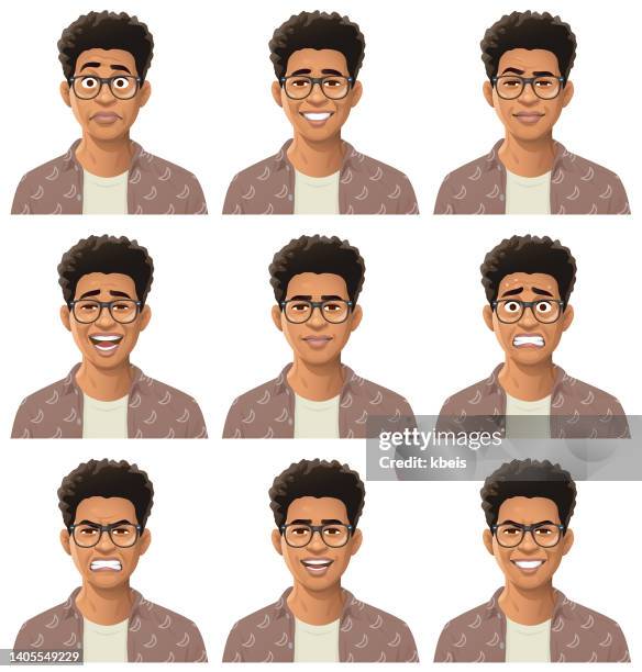 junger afroamerikanischer mann mit brille porträt - emotionen - männliche person stock-grafiken, -clipart, -cartoons und -symbole