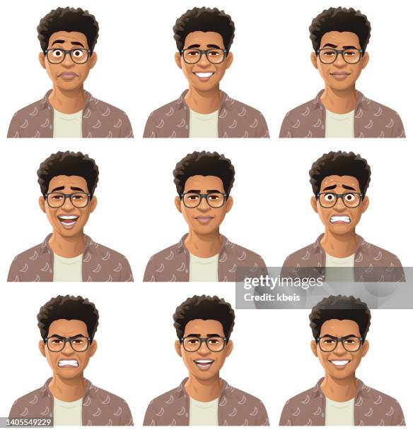 junger afroamerikanischer mann mit brille porträt - emotionen - kopfbild stock-grafiken, -clipart, -cartoons und -symbole