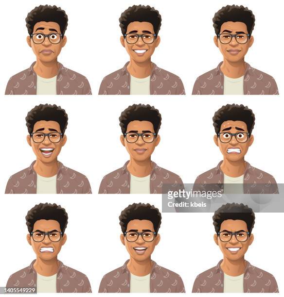 ilustraciones, imágenes clip art, dibujos animados e iconos de stock de joven afroamericano con gafas retrato- emociones - afro
