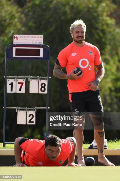 Jamie George and Jack Nowell play lawn bowls following an England Rugby media opportunity at the Perth & Tattersalls Bowls Club on June 28, 2022 in...