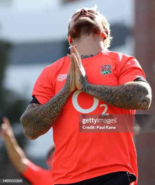 Jack Nowell reacts while playing lawn bowls against Jamie George following an England Rugby media opportunity at the Perth & Tattersalls Bowls Club...