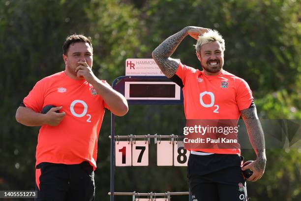 Jamie George and Jack Nowell play lawn bowls following an England Rugby media opportunity at the Perth & Tattersalls Bowls Club on June 28, 2022 in...