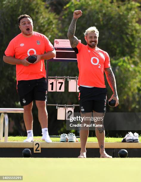 Jamie George and Jack Nowell play lawn bowls following an England Rugby media opportunity at the Perth & Tattersalls Bowls Club on June 28, 2022 in...