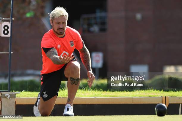 Jack Nowell plays lawn bowls against Jamie George following an England Rugby media opportunity at the Perth & Tattersalls Bowls Club on June 28, 2022...