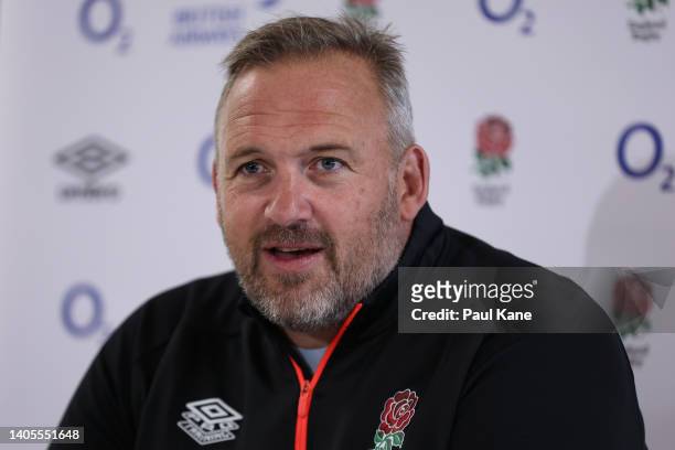 Matt Proudfoot, Forwards coach of England addresses the media during an England Rugby media opportunity at the Perth & Tattersalls Bowls Club on June...