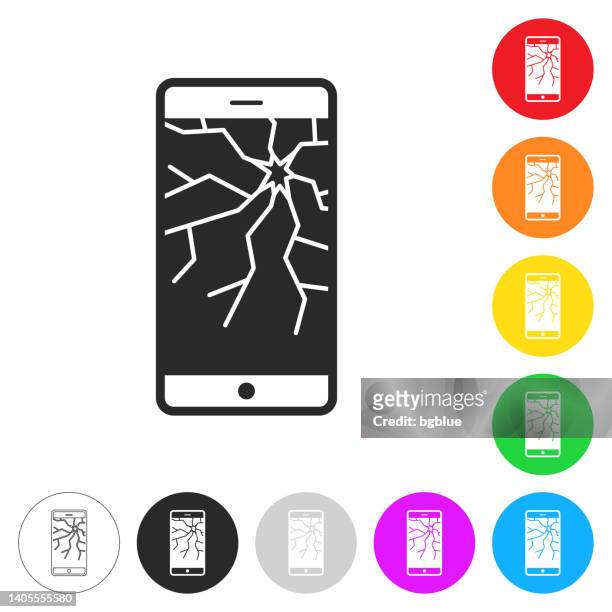ilustraciones, imágenes clip art, dibujos animados e iconos de stock de smartphone con pantalla rota. icono en botones coloridos - broken smartphone