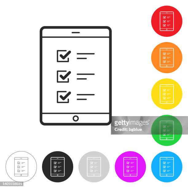 stockillustraties, clipart, cartoons en iconen met tablet pc with checklist. icon on colorful buttons - boodschappenlijst