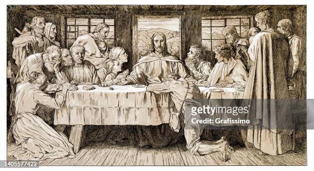 jesus at last supper with disciples art nouveau illustration - the last supper painting stock illustrations