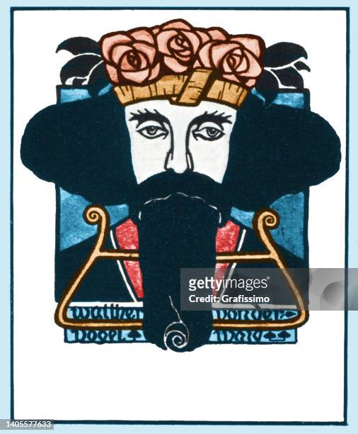 ilustrações, clipart, desenhos animados e ícones de homem com barba usando coroa floral art nouveau ilustração 1898 - coroa enfeite para cabeça