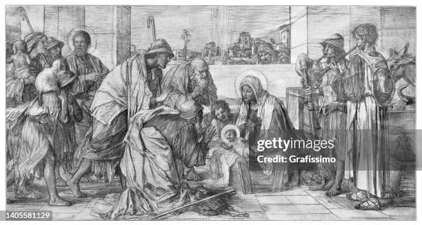 jesus christ in crib with sheperds art nouveau illustration - nativity scene stock illustrations