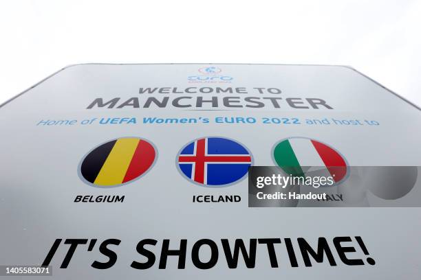 Women's EURO England takes over Manchester Welcome Sign to welcome the Belgium, Iceland and Italy national teams heading there ahead of the...