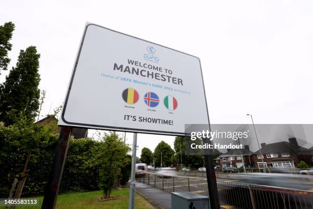 Women's EURO England takes over Manchester Welcome Sign to welcome the Belgium, Iceland and Italy national teams heading there ahead of the...