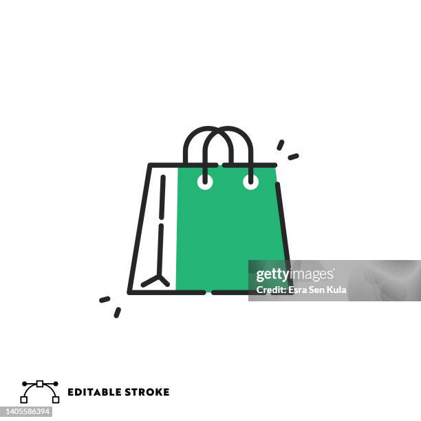 reusable shopping bag flat dashed line icon with editable stroke - plastic package isolated stock illustrations