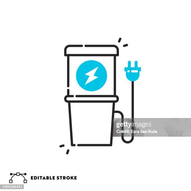 ilustraciones, imágenes clip art, dibujos animados e iconos de stock de icono de línea discontinua plana de la estación de carga con trazo editable - supercharged engine