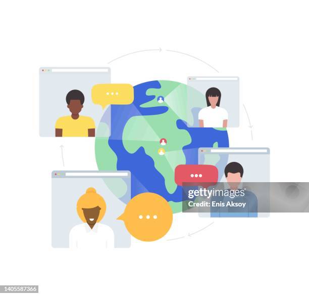 video conference - team looking at computer screen stock illustrations