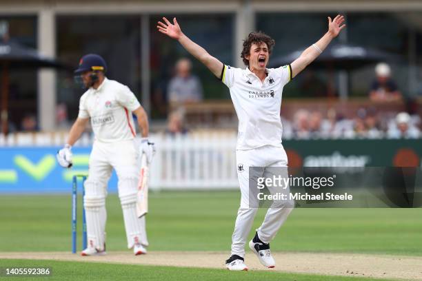 Tom Price of Gloucestershire appeals successfully for the lbw wicket of Phil Salt of Lancashire during day three of the LV= Insurance County...