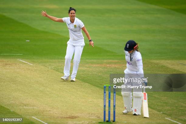 Marizanne Kapp of South Africa unsuccessfully appeals for the LBW of Tammy Beaumont of England during Day Two of the First Test Match between England...