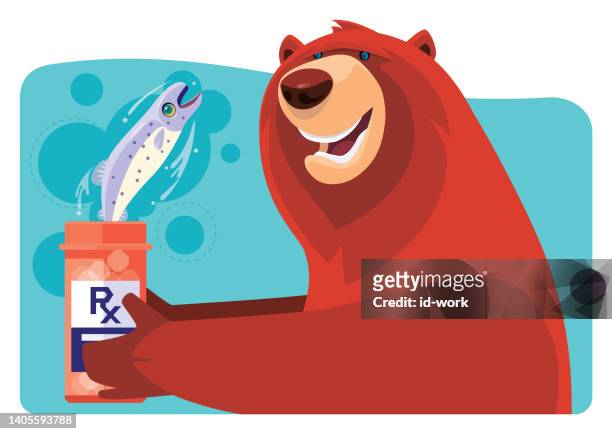 stockillustraties, clipart, cartoons en iconen met bear holding pill bottle with jumping fish - salmon jumping